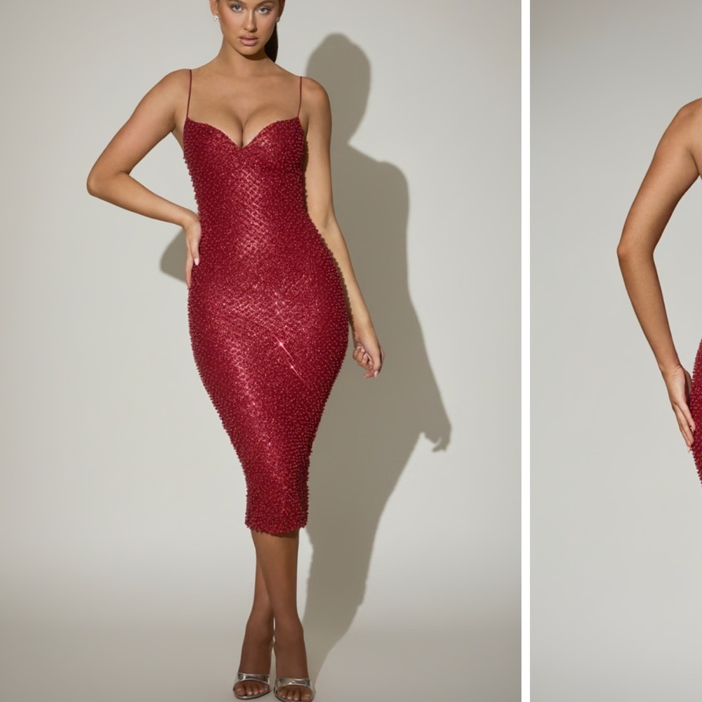 Eisley Embellished Sweetheart-Neck Midi Dress in Red